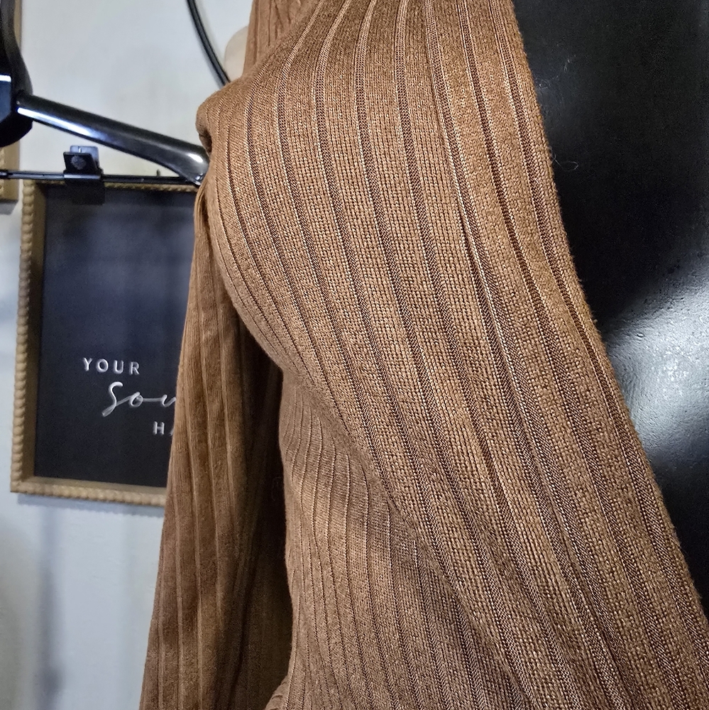 Brown Ribbed Long Sleeve Duster | Twist Front | Size Small | Layered Look